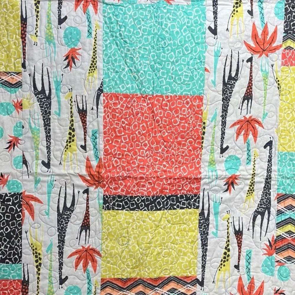 Colorful Patchwork Quilted Throw Blanket in Coral, Aqua, Yellow & Black